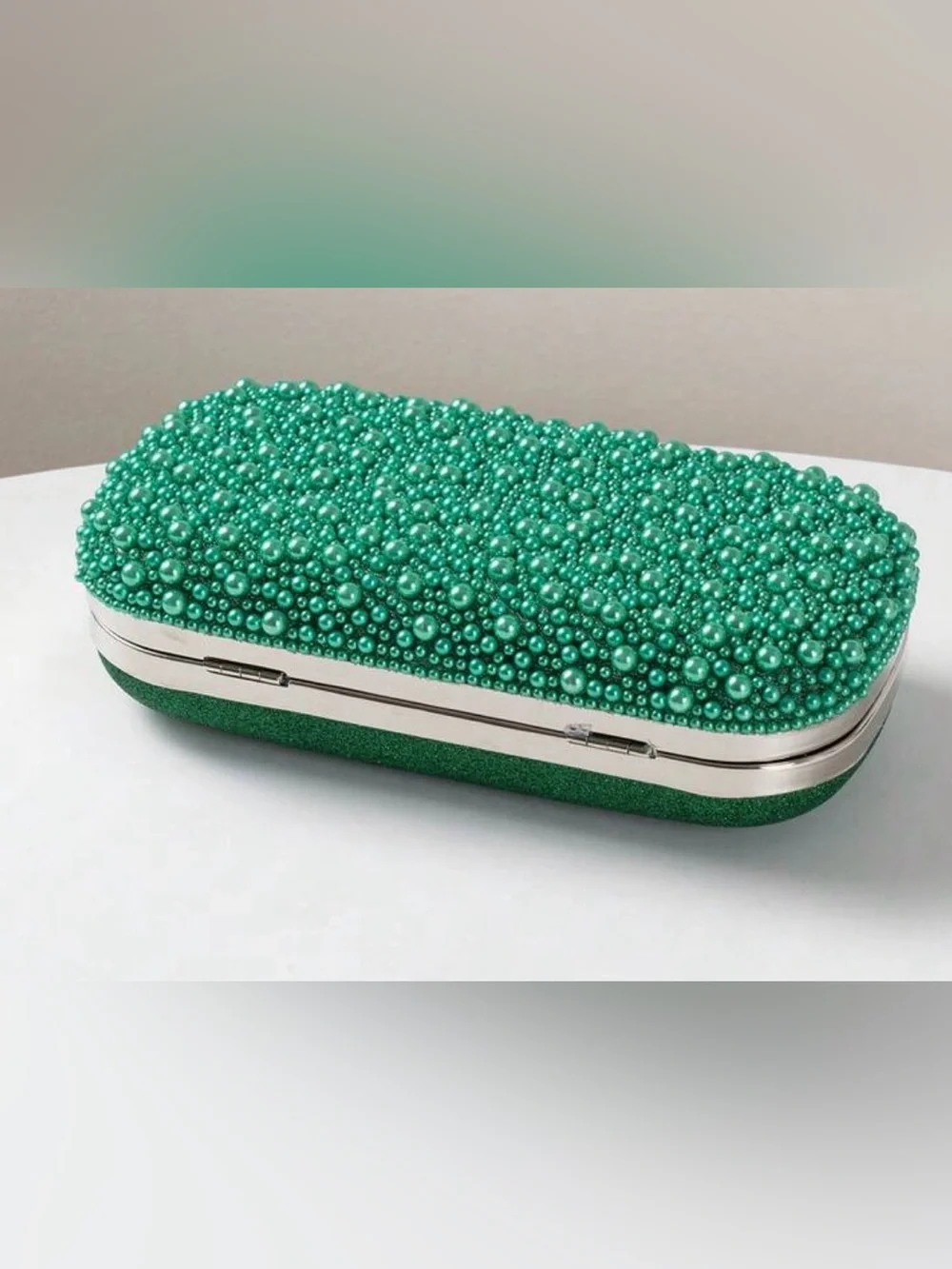 Pearl & Crystal Embellished Clutch - Gree